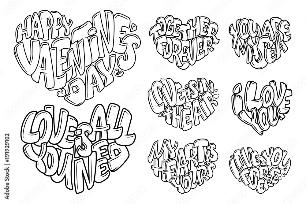 Coloring book for Adult. Design for wedding invitations and Valentine's Day, lettering in heart. Quote about love