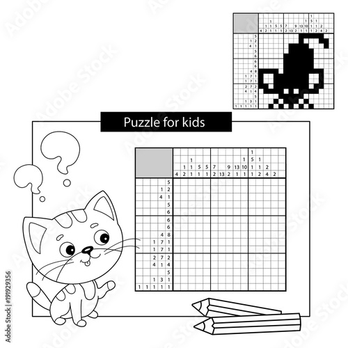 Education Puzzle Game for school Children. Mouse. Black and white japanese crossword with answer. Coloring Page Outline Of little cat. Coloring book for kids. photo