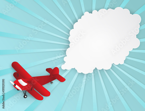 Airplane aerial view paper art with paper cloud ( speech bubble ) for text. Flying origami paper art red plane. Blue sky background with rays