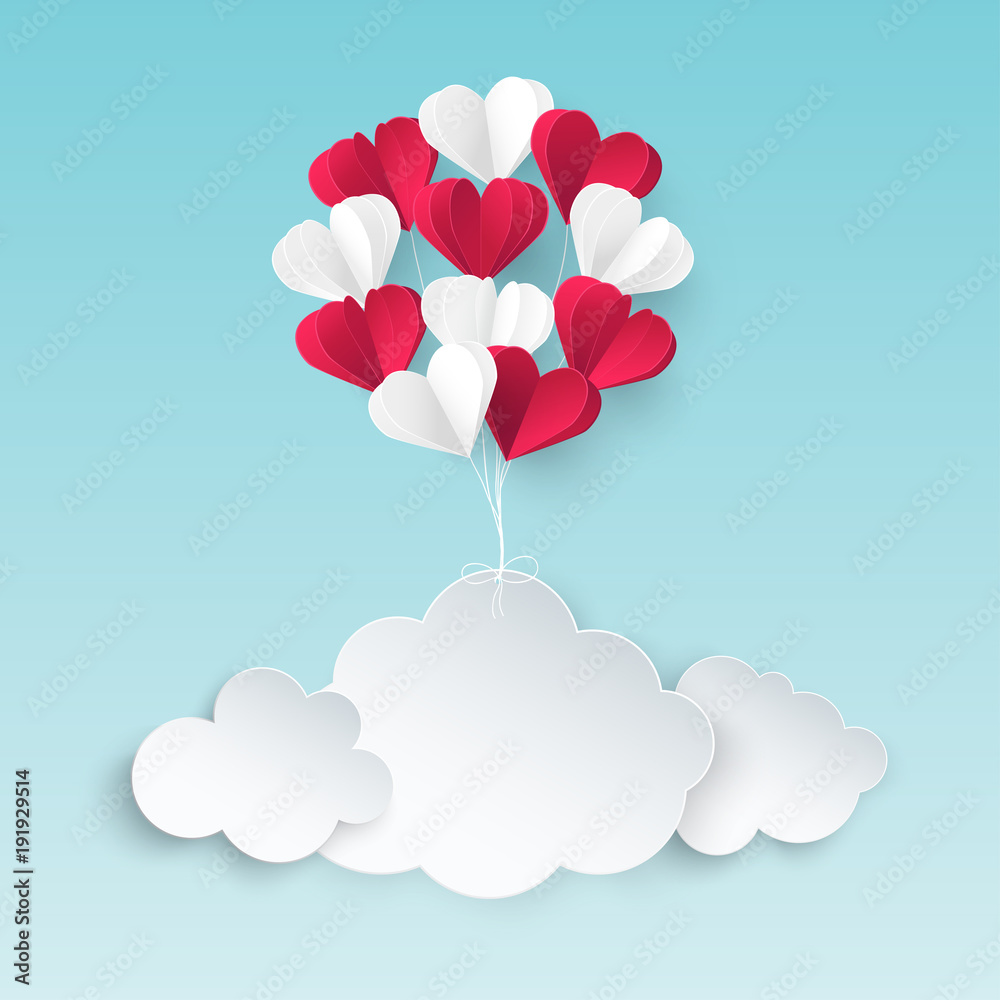 Modern origami paper art background with paper clouds, bunch of red and white heart balloons. Valentine's day, wedding invitation banner