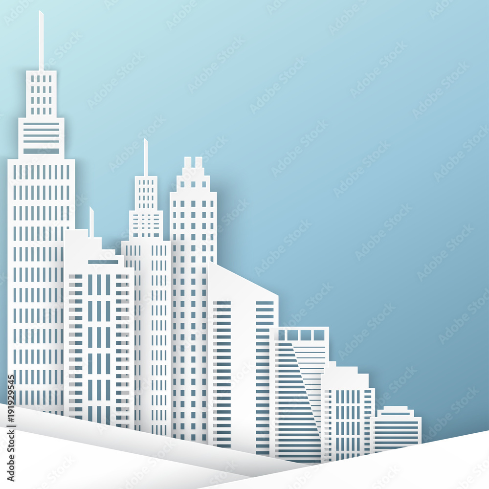 White paper skyscrapers. Achitectural building in panoramic view. Modern city skyline building industrial paper art landscape skyscraper offices. Vector Illustration