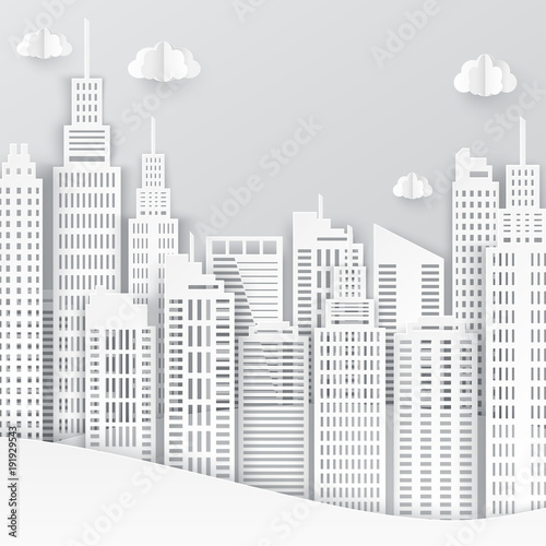 White paper skyscrapers. Achitectural building in panoramic view. Modern city skyline building industrial paper art landscape skyscraper offices. Vector Illustration