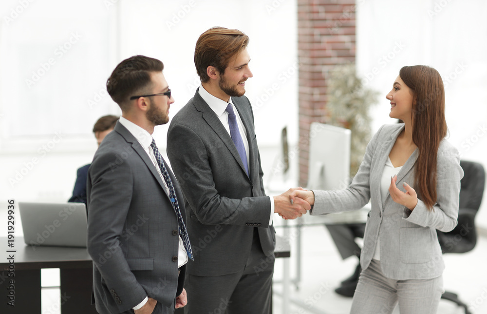 Businesswoman introduce businessman for working at office Businesswoman introduce businessman for working at office