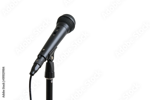 Black microphone on stand isolated on white background.