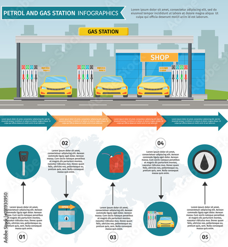 Gas filling station Vector flat illustration of oil service for with shop infographics elements and background