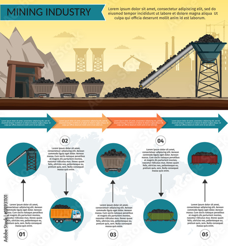 Coal mining industry and transportation set infographics elements isolated vector technics building