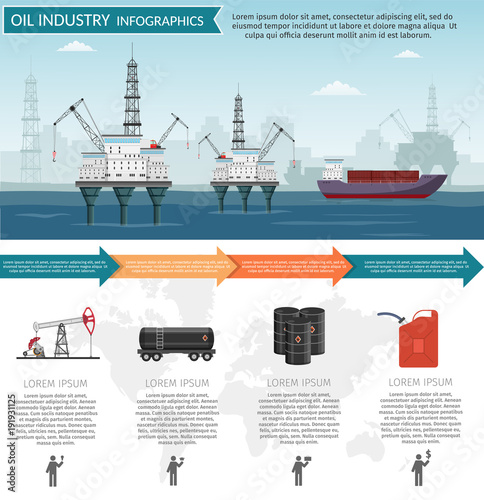 Vector Oil rig industry of processing petrol and transportation infographics set production elements.