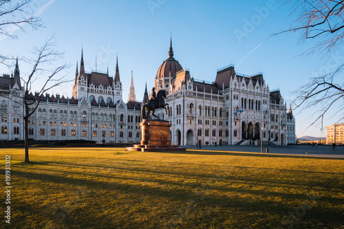 Budapest Parliament and Ferenc Rákóczi’s cavalry statue in Kossuth Square photo