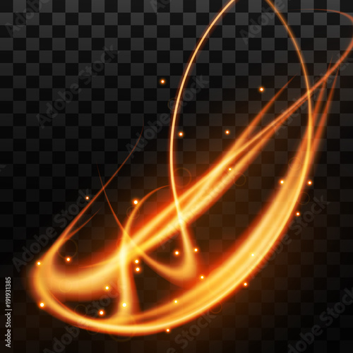 Golden light effect with glowing wavy lines and sparkles isolated on transparent special effect. Vector illustration