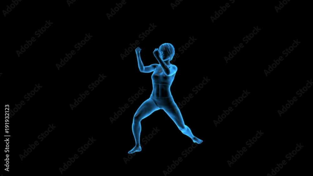 Woman performing karate kata, human female figure practicing martial arts on black background, 3D animation