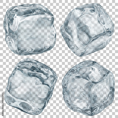 Set of realistic translucent ice cubes in gray color on transparent background. Transparency only in vector format