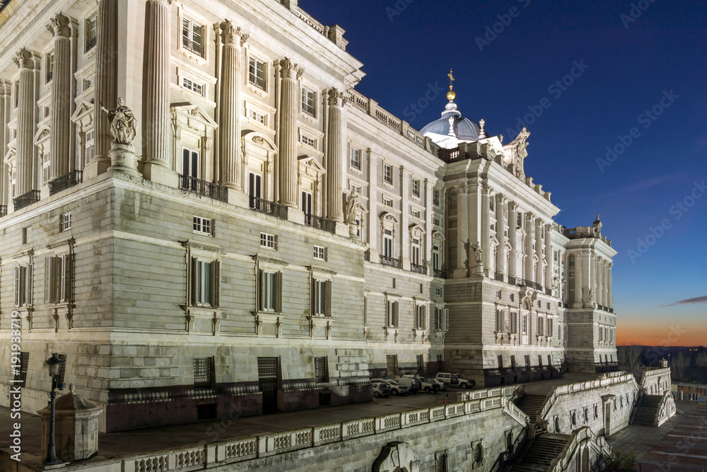 Night view of the facade of the Royal Palace of Madrid, Spain