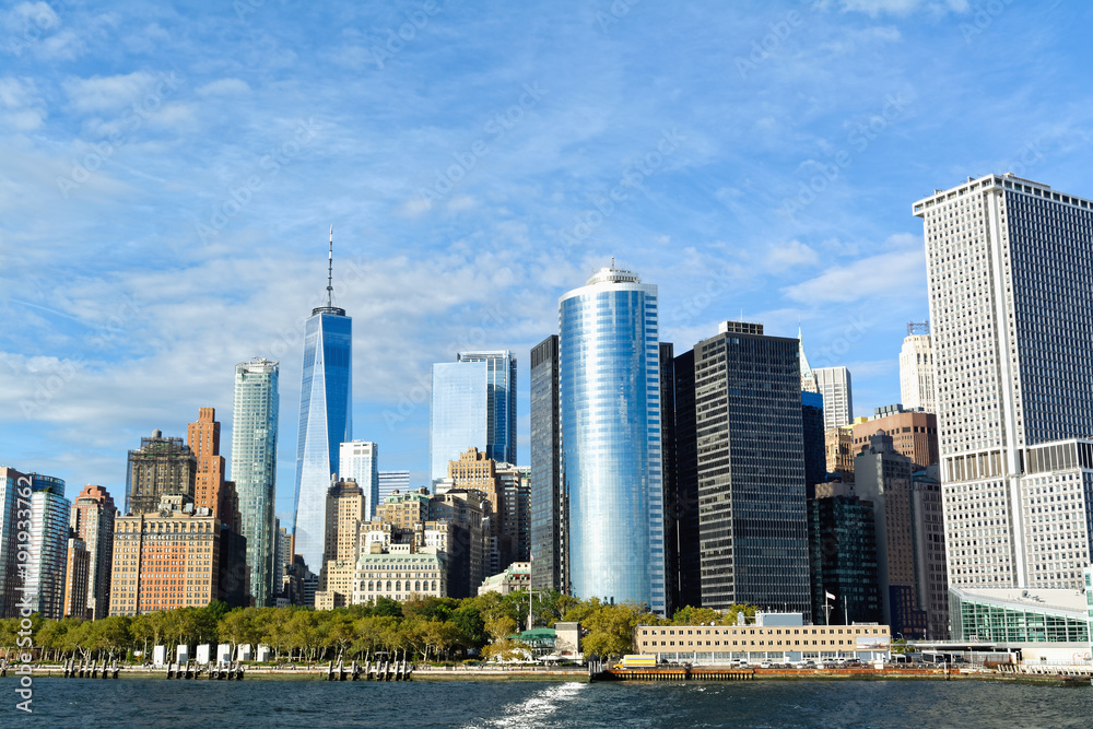 Lower Manhattan skyline as seen from ferry. New York City, USA.
Lower Manhattan skyline as seen from ferry. New York City, USA.