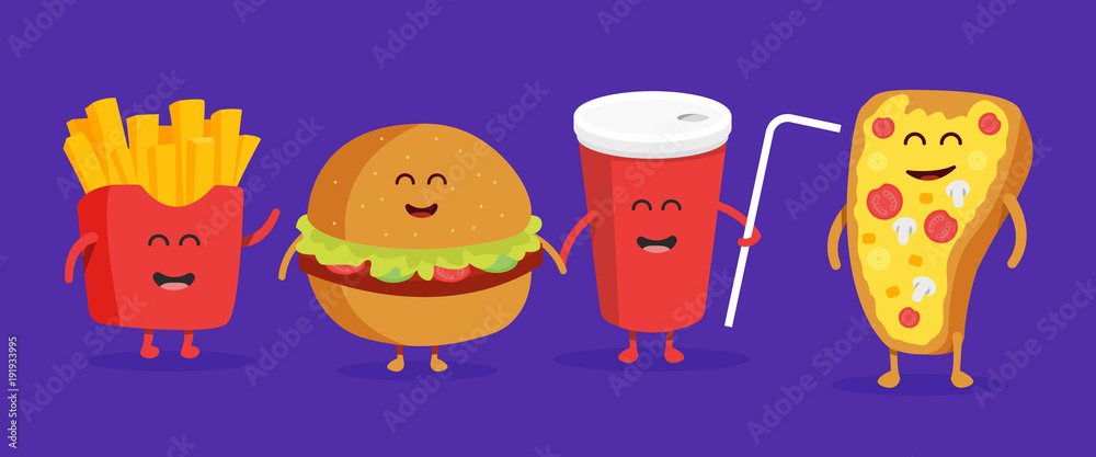 Cute fast food burger, soda, french fries and pizza