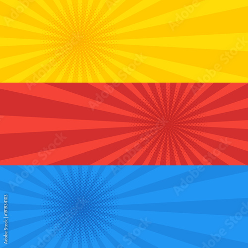 Pop art dotted retro style yellow red and blue banner set.