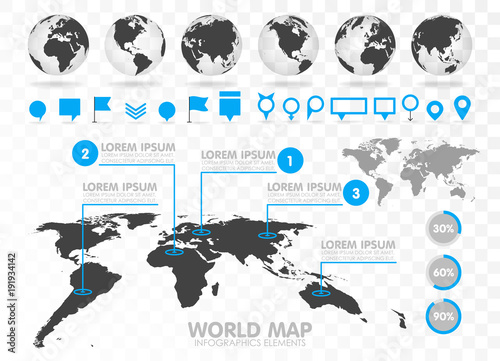 Obraz na płótnie Mapa świata i 3D glob zestaw z elementami infografiki.