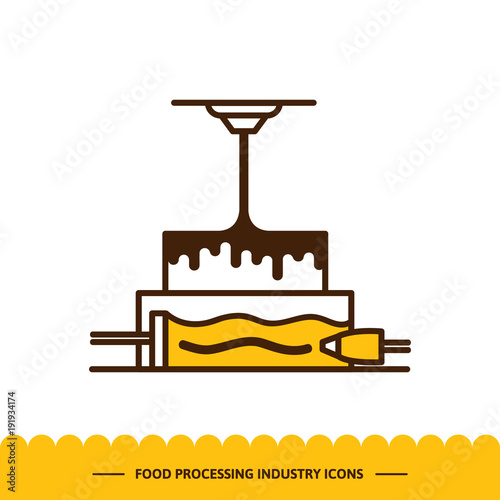 Food processing industry icon. Automated line confectionery. The robotic process of making cake. Vector illustration in modern style