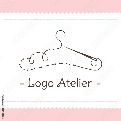 Logo for Atelier, wedding boutique, women's clothing store. Vector template of the brand for the fashion designer. Element for Studio sewing and tailoring. Stylized hanger from thread and needle