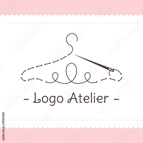 Logo for Atelier, wedding boutique, women's clothing store. Vector template of the brand for the fashion designer. Element for Studio sewing and tailoring. Stylized hanger from thread and needle