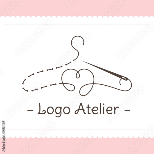 Logo for Atelier, wedding boutique, women's clothing store. Vector template of the brand for the fashion designer. Element for Studio sewing and tailoring. Stylized hanger from thread and needle