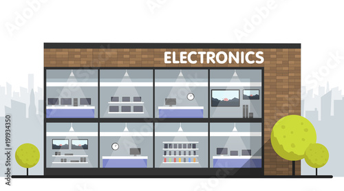 Computers and electronics store building and interior, laptops mobile phones and television screens showcase and city skyline on background
