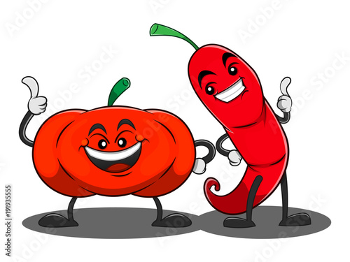 Tomato and Chile characters for sauce product cartoon vector