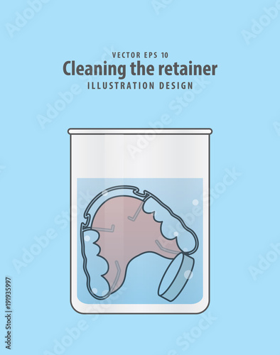 Cleaning the retainer in the glass with tablet illustration vector on blue background. Dental concept.