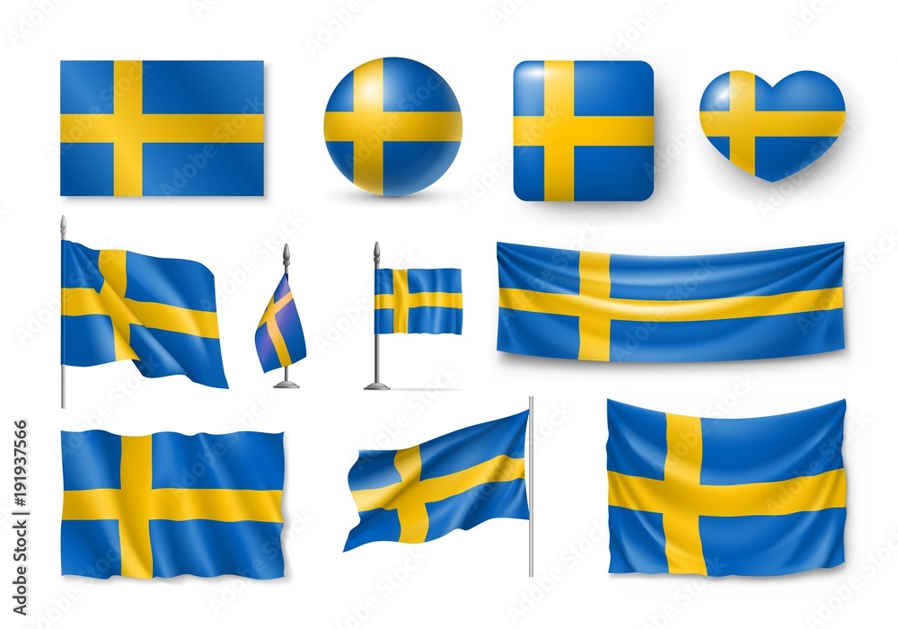 Set Sweden flags, banners, banners, symbols, flat icon. Vector illustration of collection of national symbols on various objects and state signs Set Sweden flags, banners, banners, symbols, flat icon. Vector illustration of collection of national symbols on various objects and state signs