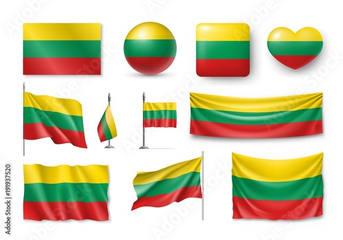 Set Lithuania flags  banners  banners  symbols  flat icon. Vector illustration of collection of national symbols on various objects and state signs