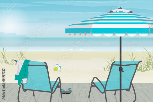 Summer Scene Beach Chairs and striped umbrella on a breezy day at the beach with deck, sand and sea. Color palette of blue, teal and turquoise.