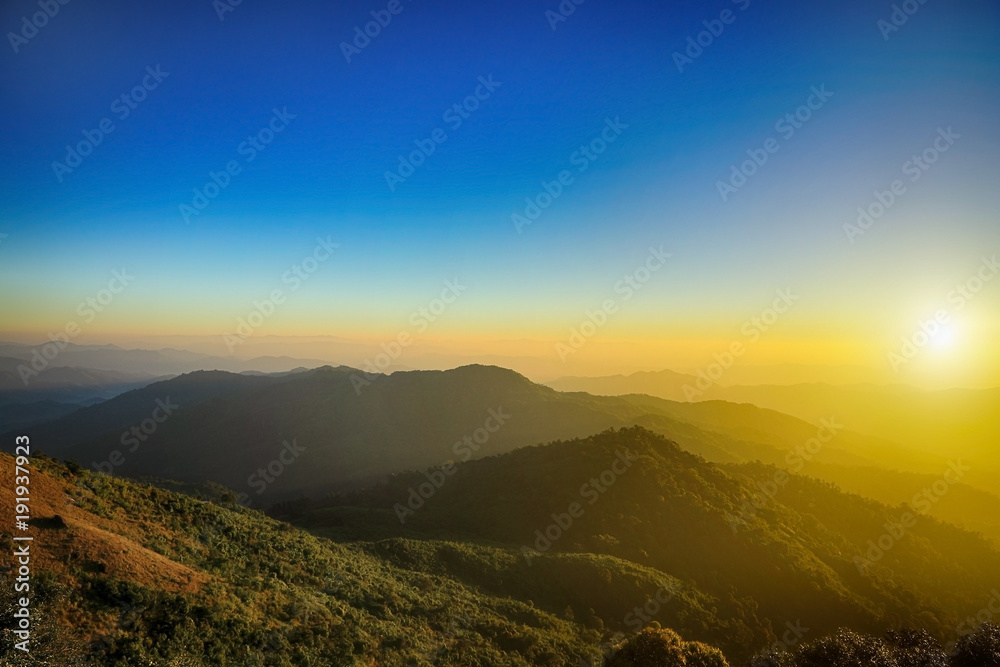 sunrise in the mountains landscape, Mountain valley during sunrise. Natural summer landscape.