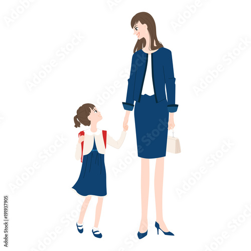 娘の小学校の入学式に一緒に行く母親のイラスト