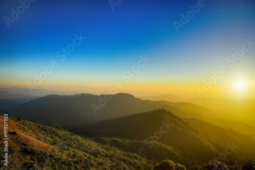 sunrise in the mountains landscape, Mountain valley during sunrise. Natural summer landscape.