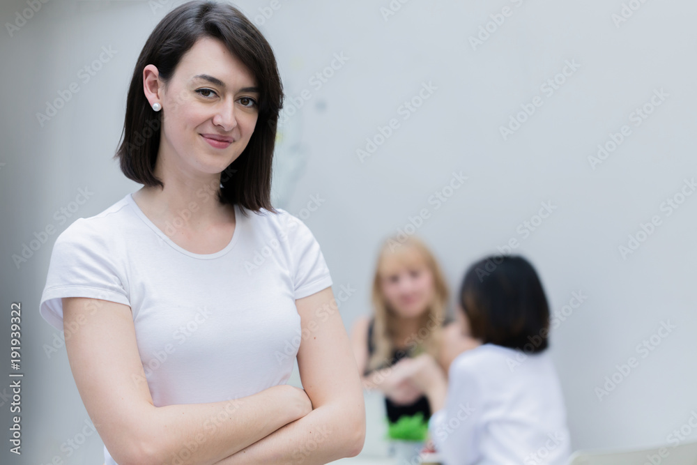 happiness caucasian woman standing with confident with people meeting background portrait profile photo happiness caucasian woman standing with confident with people meeting background portrait profile photo