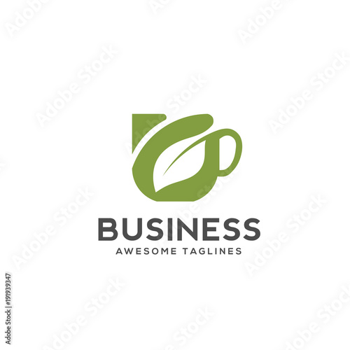 Herbal green tea cup logo, herbal drink logo,green leaf with mug logo, green leaf with tea cup logo concept.nature drink , health drink logo