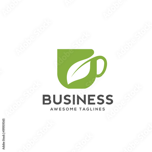 Herbal green tea cup logo, herbal drink logo,green leaf with mug logo, green leaf with tea cup logo concept.nature drink , health drink logo