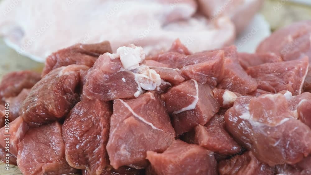 Large pieces of beef close up. Camera move from left to right. Large pieces of beef close up. Camera move from left to right.
