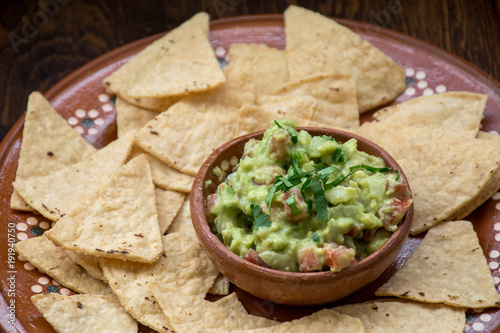 Authentic Mexican Guacamole with tortilla chips 