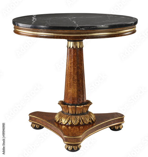 Round black marble table with clipping path.