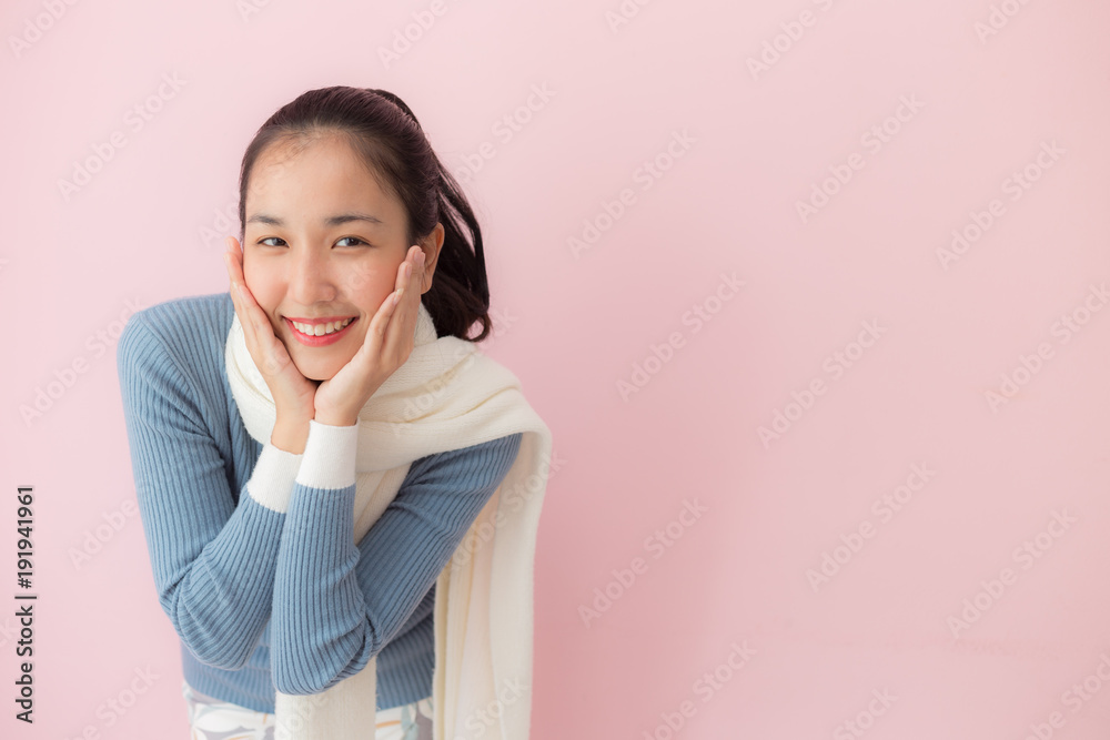 Happy Beauty Asian Woman smile with pink background Happy Beauty Asian Woman smile with pink background