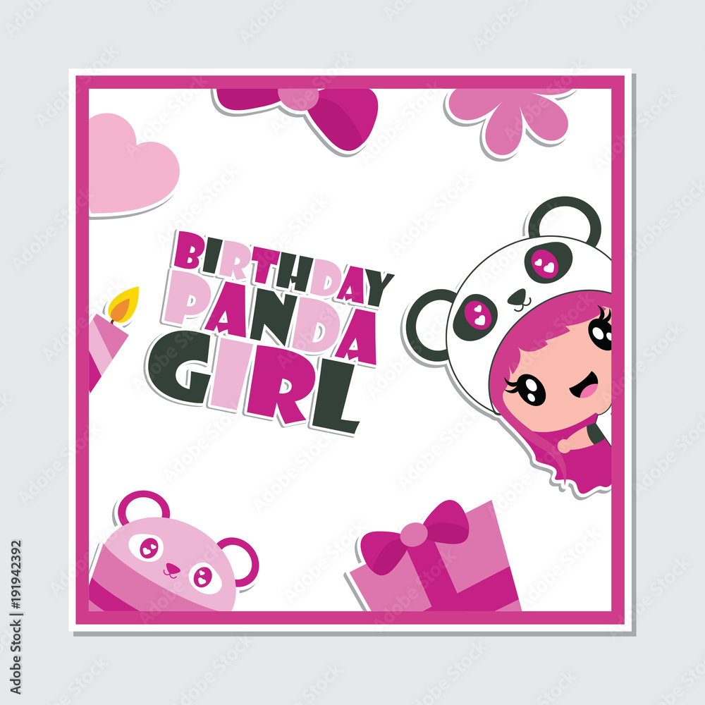 Cute panda girl and birthday ornaments frame vector cartoon illustration for happy birthday card design, postcard, and wallpaper Stock Vector | Adobe Stock Cute panda girl and birthday ornaments frame vector cartoon illustration for happy birthday card design, postcard, and wallpaper Stock Vector | Adobe Stock