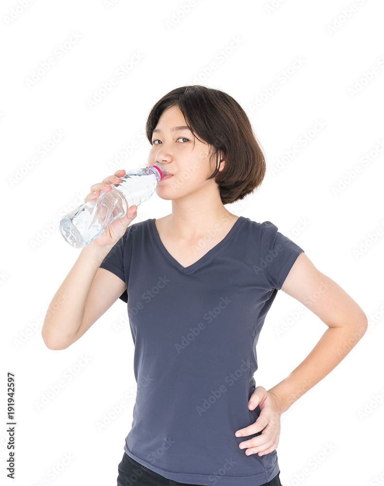 Asian woman drinking bottled water Asian woman drinking bottled water