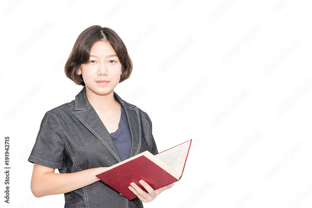 Young female short hair holding up red book Young female short hair holding up red book