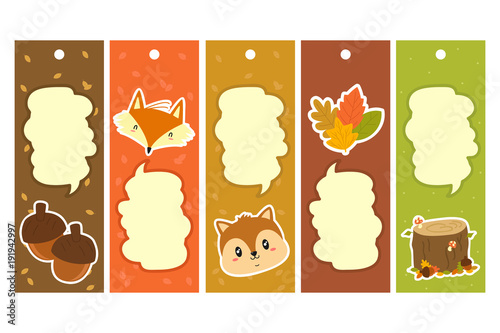 Autumn characters and items bookmark template set. Printable bookmark template cartoon vector.
