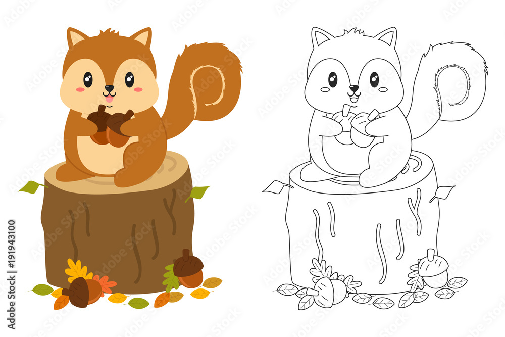 Squirrel on top of a tree stump holding acorns, black and white outline  cartoon vector for coloring page. Printable coloring page template cartoon  vector. Stock Vector | Adobe Stock