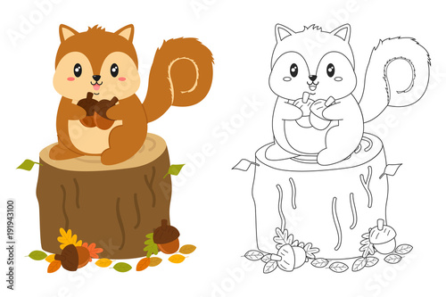 Squirrel on top of a tree stump holding acorns,  black and white outline cartoon vector for coloring page. Printable coloring page template cartoon vector.