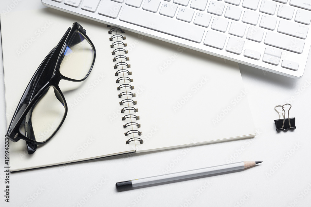 Office desk table with supplies. Flat lay Business workplace and objects. Top view. Copy space for text