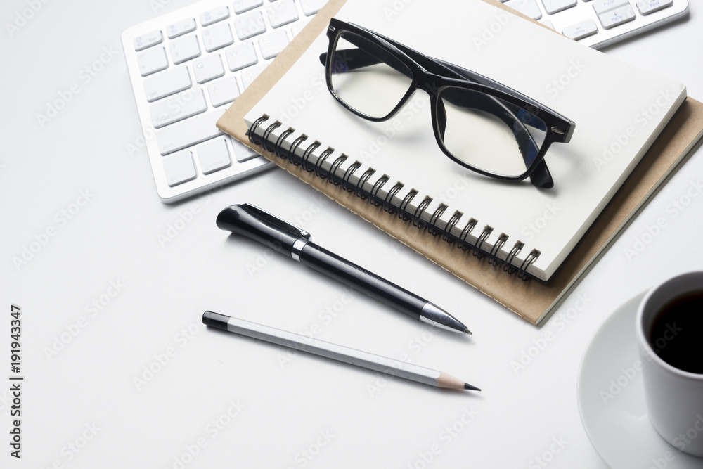 Office desk table with supplies. Flat lay Business workplace and objects. Top view. Copy space for text Office desk table with supplies. Flat lay Business workplace and objects. Top view. Copy space for text