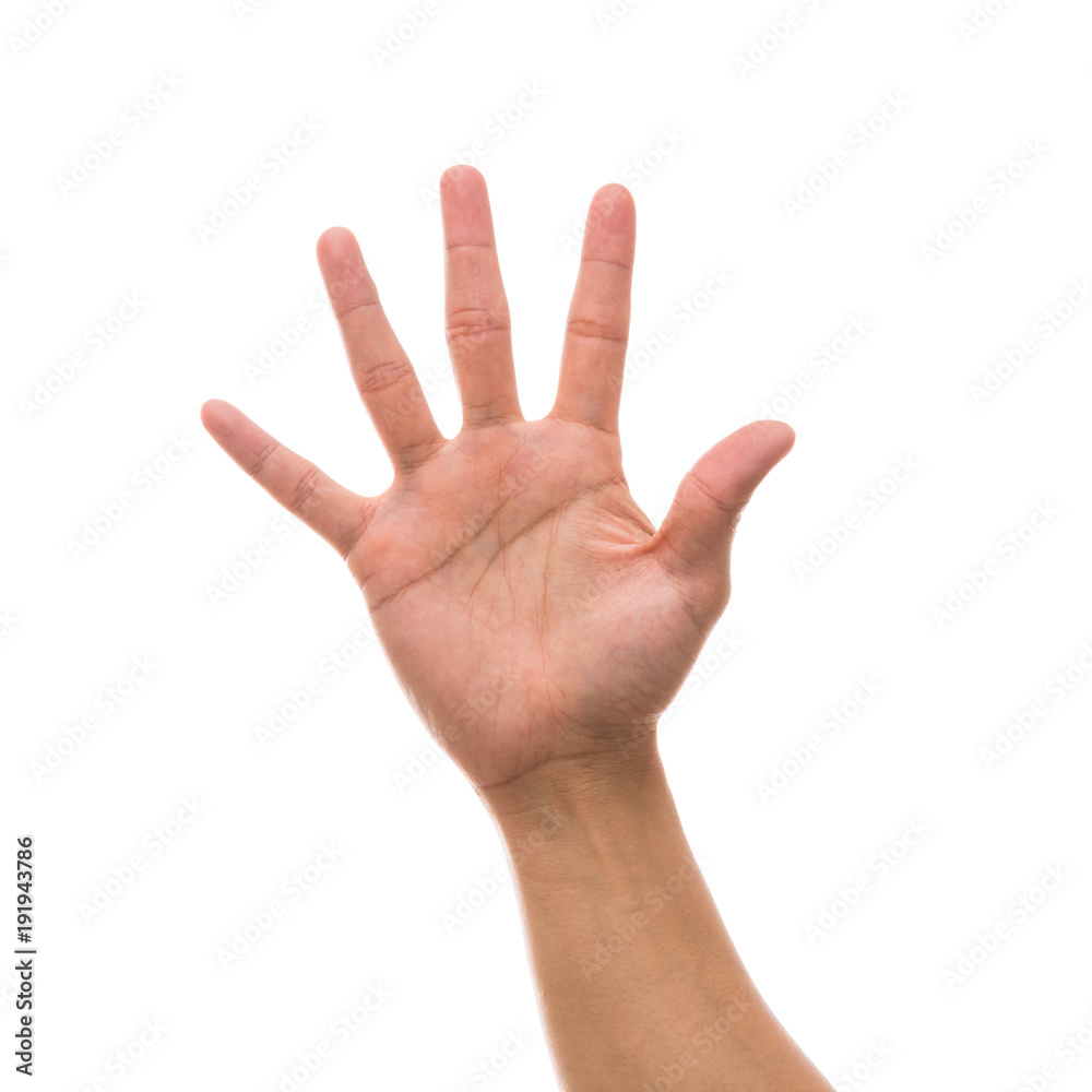 Men hand showing the number five over white background, include clipping path Men hand showing the number five over white background, include clipping path