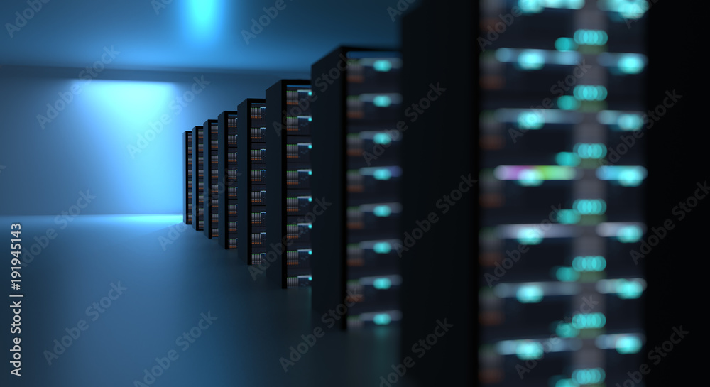 Corridor of server room with server racks in datacenter. 3d illustration Corridor of server room with server racks in datacenter. 3d illustration